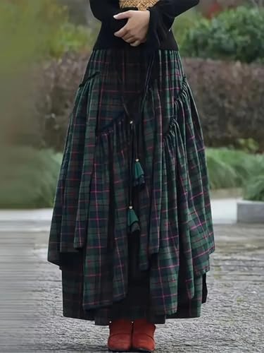 Vintage Asymmetrical Tiered Maxi Skirt, Double-Sided Plaid Pattern, A-Line Silhouette3