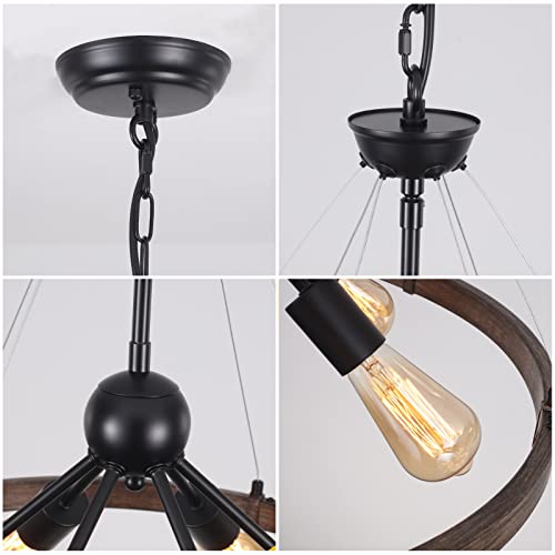 Wtyuio 6 Lights Farmhouse Round Wagon Wheel Chandeliers For Dining Room Diam 23.62'', Rustic Metal Hanging Pendant Light Fixture For Living Room Entryway Kitchen Island, Vintage Wood Grain Finishe #TOP6