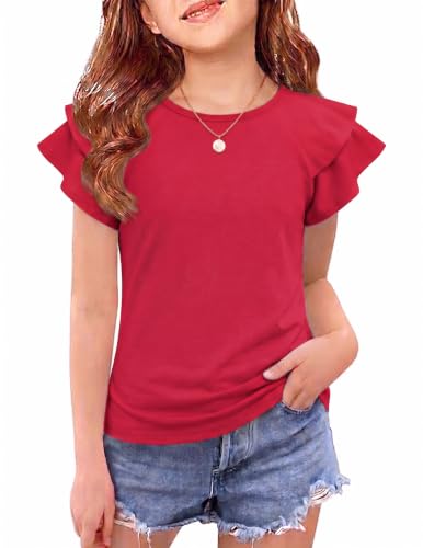 Image of Girls T Shirts Ruffle Short Sleeve Round Neck Loose Blouse Summer Solid Color Casual Girl Tee Tops for 3-12 Years