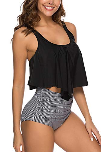 Image of Women High Waisted Bikini Swimsuit Flounce Vintage 2 Piece Bathing Suits | Vintage,tummy control,two piece bathing suits,plus size,swimwear,ruffled,tankini top,bikini bottom