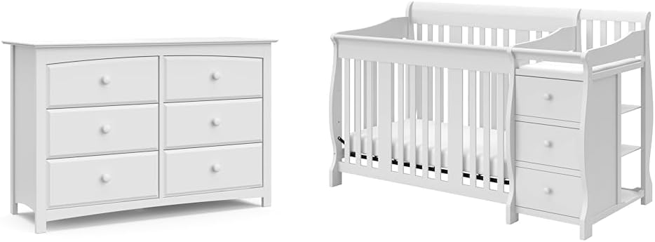 STORKCRAFTKenton 6 Drawer Double Dresser (White) for Kids Bedroom, Nursery Dresser Organizer & Portofino 5-in-1 Convertible Crib and Changer (White) – Changing-Table Combo with Drawer