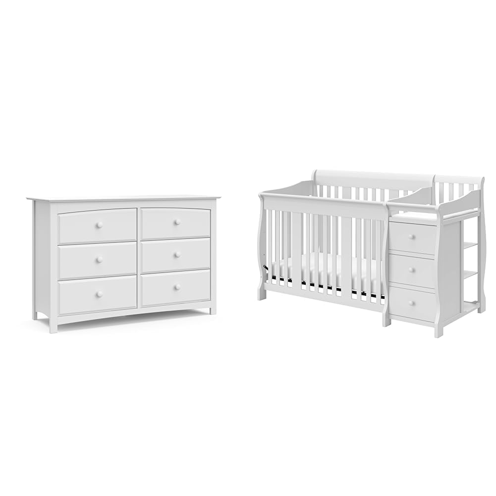 STORKCRAFTKenton 6 Drawer Double Dresser (White) for Kids Bedroom, Nursery Dresser Organizer & Portofino 5-in-1 Convertible Crib and Changer (White) – Changing-Table Combo with Drawer