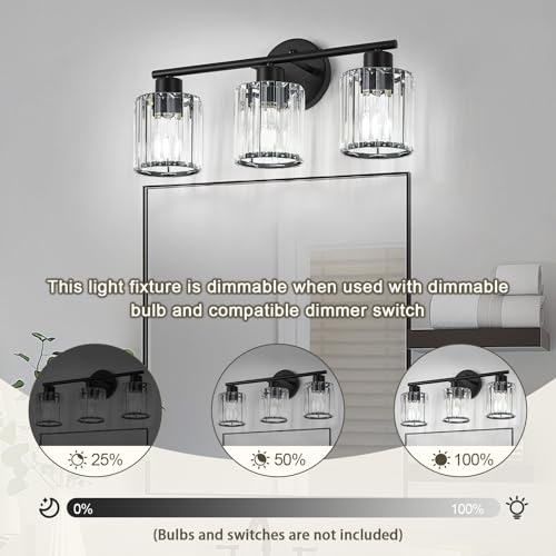Image of Modern Black Crystal Bathroom Light Fixtures,3-Light