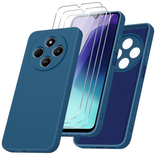 Los 8 mejores móviles por menos de 100 euros en 2025 27 jrester Funda para Xiaomi Redmi 14C 4G/Redmi A4 5G/Xiaomi Poco C75 con Tres Cristal Templado Protector de Pantalla, Azul Suave Silicona Protectora Carcasa para Redmi 14C 4G/Redmi A4 5G/Poco C75