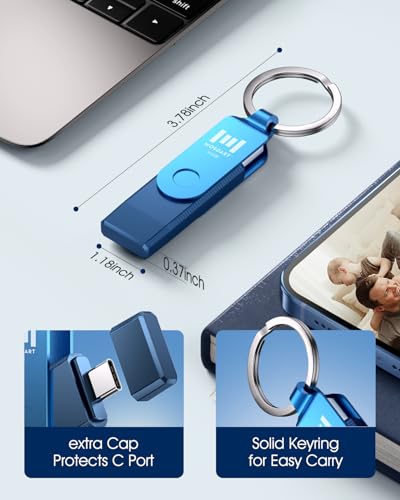 Image of MOSDART 512GB USB C and A 3.2 150MB /s Dual Flash Drive with Keychain, Navy | Fits Android Phones, iPhone 15, 16, 17, Macbook, iPad, For Photos and Videos, USB-C Port Protection, Phone Case Friendly