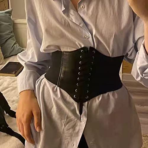 Corset Belt for Women Lace up Leather Belt Wide Waist Belt Elastic Tied Waspie Belt Womens Corset Belts Vintage Lace-up Cinch Elastic Waist Belt for Dresses（black)3