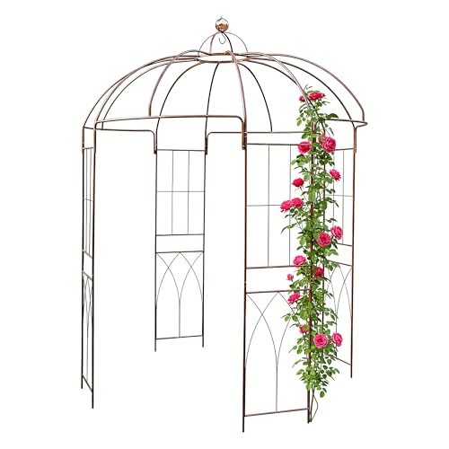 Tonnelle à roses en métal marron rouille - 270 x 200 cm - Treillis en acier revêtu par pulvérisation - Pavillon rond avec grand dôme - Arche à roses - Tuteur pour...