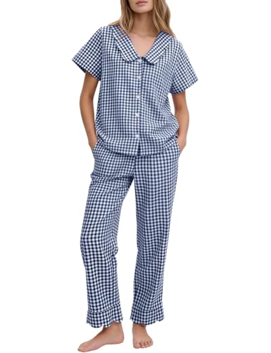 Image of Flygo Womens Gingham Pajamas Set Cotton 2 Piece Pj Set Scalloped Collar Babydoll Shirt Pants Plaid Y2K Lounge Sets