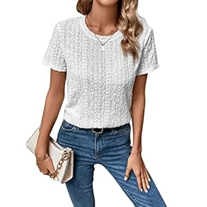 SweatyRocks Women’s Eyelet Embroidery Short Sleeve Tops Shirts Solid Crewneck Retro Plain Casual Holiday T-Shirts