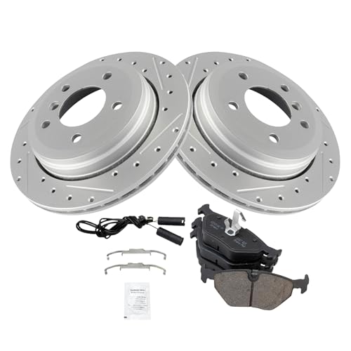 Image of TRQ Performance Rear Brake Pad and Rotor Set Ceramic Coated Drilled Slotted Compatible with 2001-2005 BMW 325xi