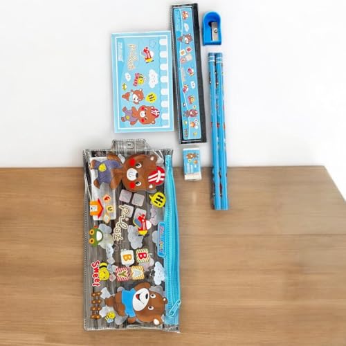 Image of Kids School 7-Piece Stationery Set (Pack of 2) | Pencil Case | Kids Design | Sky Blue | Boys & Girls | Age 4-12
