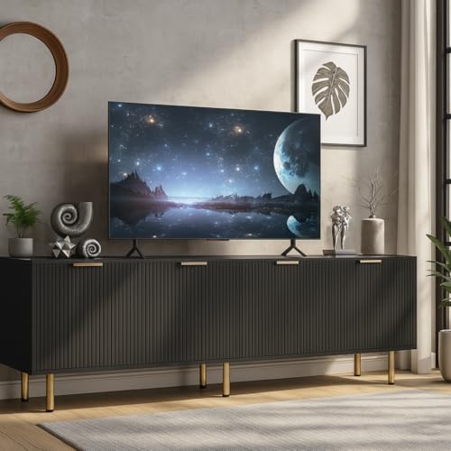 Black TV Stand for TVs up to 80 Inch,TV Stands for Living Room & Bedroom,Mid Century Modern TV Console,Entertainment Center with Storage,Entertainment Stand,TV Cabinet for 55,60,65,70,72,75,80 Inch TV