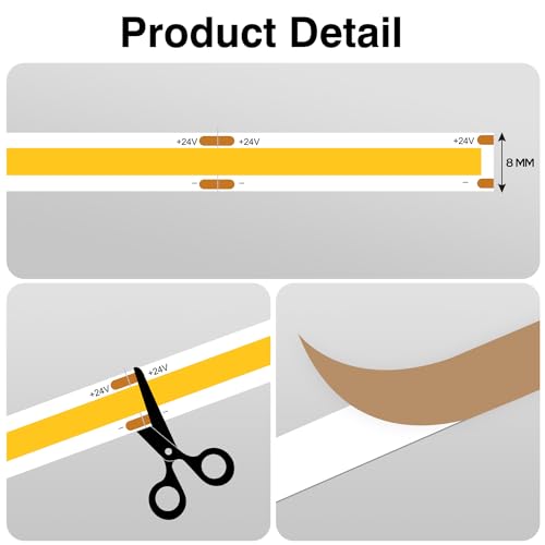 luktix COB LED Strip 10M, 3000K Warm White LED Strips, 24V Dimmable LED Strip Lights, CRI92+,8mm Width, with Remote Control and Power Supply,for Living Room, Kitchen, Mirror
