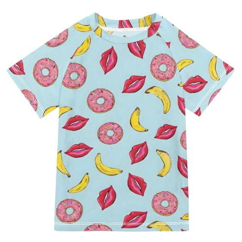 ALAZA Kids Rash Guard Girls Toddler Swim Shirts Short Sleeve Banana Donut Lip UPF 50+ 3T