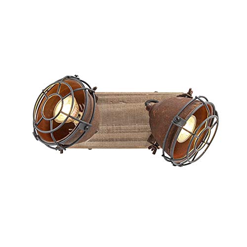 Qazqa Plafón industrial óxido madera orientable 2-luces - GINA/Acero Alargada Adecuado para LED Max. 2 x 25 Watt