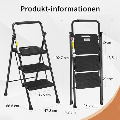 HBTower Trittleiter 3 Stufen klappbar, Leiter mit Breitem Anti-Rutsch-Pedal, Trittleiter mit Bequemer Handlauf, Tragbarer Tritthocker aus Stahl, Schwarz