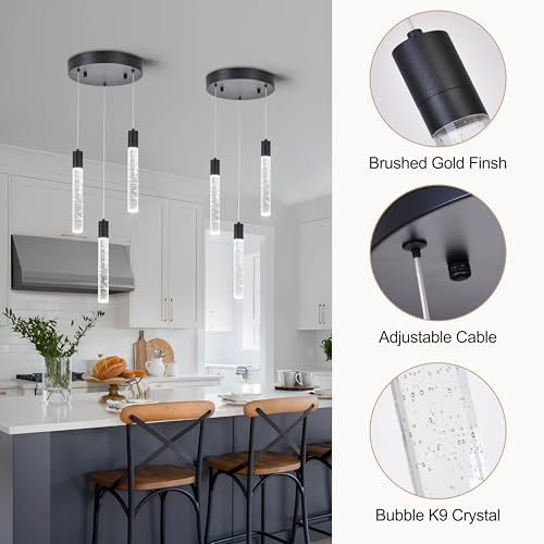Image of 3 Light Pendant Lights,LED Bubble Crystal Pendant with Dimmable,Black