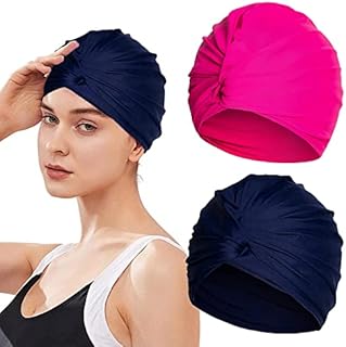 Pack of 2 Pleated Swimming Caps with Adjustable Elasticity, Elegant and Beautiful Turban Hat for Women and Men, Pink Retro Swimming Caps, Comfortable, Suitable for Beach, Spa, Long and Short Hair