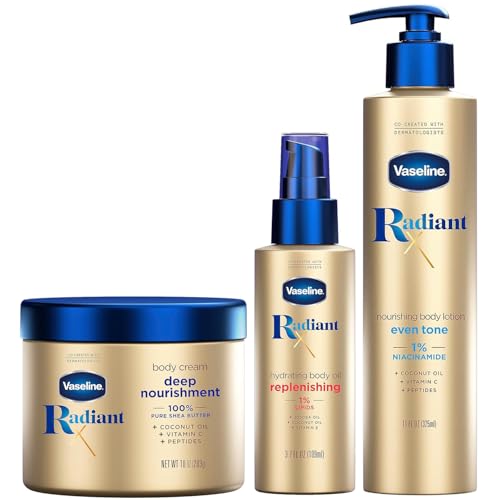 Vaseline Radiant X Skin Care Set Even Tone Nourishing Body Lotion with 1% Niacinamide Deep Nourishment Body Cream with Vitamin C + Hydrating Body Oil with Vitamin E (3 Piece Set)