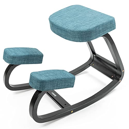 Backerz® Kniestuhl für Heim & Arbeit - Ergonomischer Bürostuhl - Orthopädischer Kniehocker - Computerstuhl - Schwarz lackierter Holzhocker mit 7cm dickem Memory Foam mit blauem Leinenbezug Cover