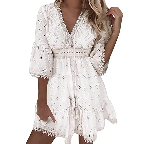 AMDOLE Vestidos largos para mujer, verano, primavera y verano, encaje de retazos, corte floral, sexy, cuello en V, manga acampanada, vestido de vacaciones para mujer, vestido de fiesta, Wh1., L