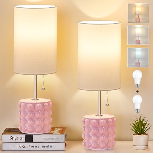 Image of Ceramic Table Lamp Set of 2, 3-Color Temperature Ceramic Lamp Pull Chain Bedside Nightstand Lamps, Decoration Small Table Lamp Pink Lamp for Bedroom Living Room Reading Desk Side Table Lamp 2 Bulbs