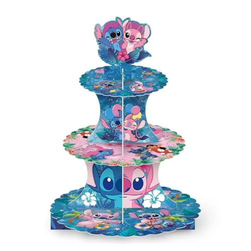HANISNA For Stitch Themed Party Supplies and Decorations, a Three-Tiered Cupcake Stand, a Display Stand for Birthday Desserts and Cakes, which is Suitable for Cute-Style Birthday Decorations