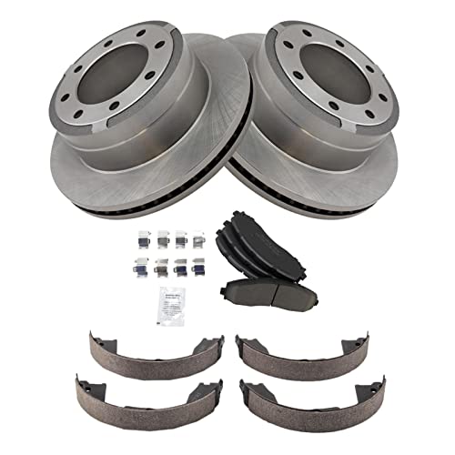 Image of TRQ Rear Brake Pad & Rotor Kit Parking Brake Shoe Set Ceramic Compatible with 2013-2021 Ford F-250 Super Duty F-350 Super Duty