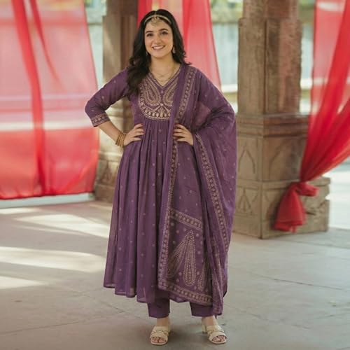 Image of GoSriKi Rust Anarkali Kurta Set for Women with Dupatta | Cotton Kurti Set for Woman | Embroidered Anarkali Suit for Women Kurti Pant Set with Dupatta | Suit Set for Women Latest