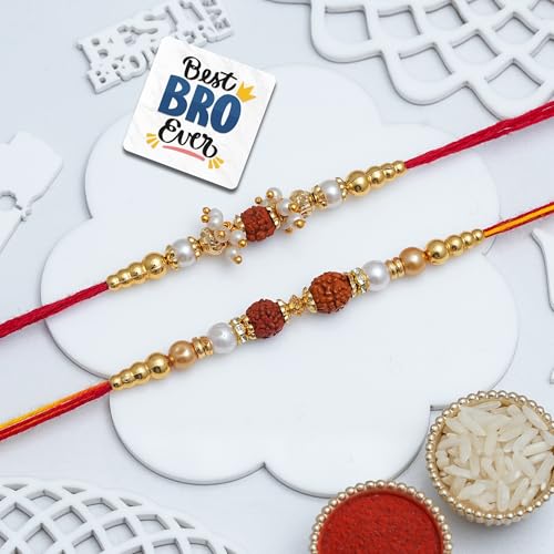 Image of eCraftIndia Pearl Beads Rudraksha Rakhi Set of 2 | Rakhi for Brother Bhaiya Bhai with Best Bro Ever Fridge Magnet | Roli Chawal Pack