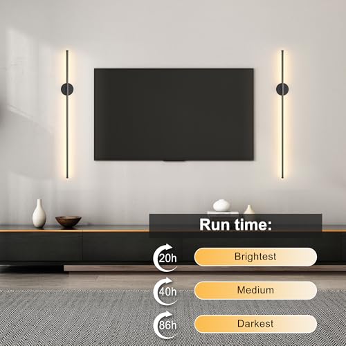 Image of Battery Operated Modern Wall Sconces Set of Two,Rechargeable Wireless Wall Lights with Remote Control,Dimmable,3CCT,Timer,360Rotation,Cordless Lighting for Bedroom,Living Room,Hallway,Black,39.3 Inch
