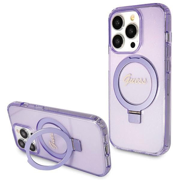 CG Mobile Guess GUHMP14XHRSGSU Coque de Protection pour iPhone 14 Pro Max 6,7" Violet Rigide avec Anneau Support Script pailleté