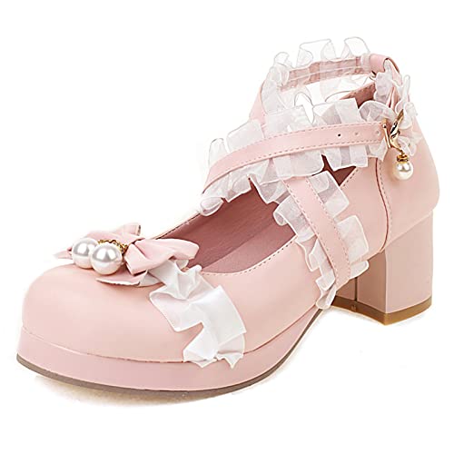 Chaussures Lolita roses à talon carré pour mariage et fête, style romantique Lizoleor en 36.5