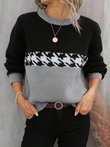Image of chouyatou Women's Vintage Color Block Long Sleeve Pullover Sweater Houndstooth Printed Crewneck Jumper Tops