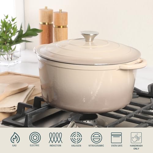 Image of Gibson Home Addlestone 7 Qt Enameled Cast Iron Dutch Oven Pot with Lid - Round, Oven Safe to 500F, Ideal for Bread Baking & Stews - Gradient Taupe