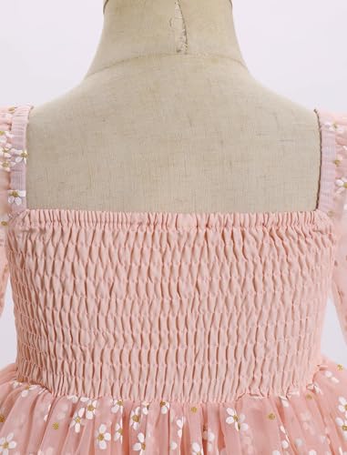 AWIBMK Kids Baby Girls Mesh Long Sleeve Birthday Princess Tulle Tutu Dress Square Neck Smocked Back Wedding Party Dress Pink Floral 5-6 Years4