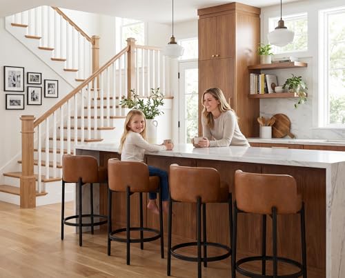 Image of CIMOTA Bar Stools Set of 4, PU Leather Counter Height Barstools with Low Back and Black Thickened Metal Legs, 26 Inch Modern Island Chairs for Kitchen Island, Bar(Brown, 4Pcs 26 inch Counter Stools)