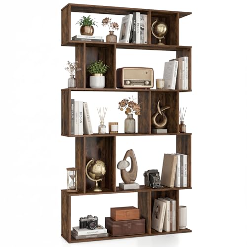 Giantex 5-Tier Bookshelf 10-Cube Geometric Book Case with 5 Closed-Back Cubbies Anti-toppling Kits Open Display Storage Shelf for Living Room Home Office Bedroom Rustic Brown