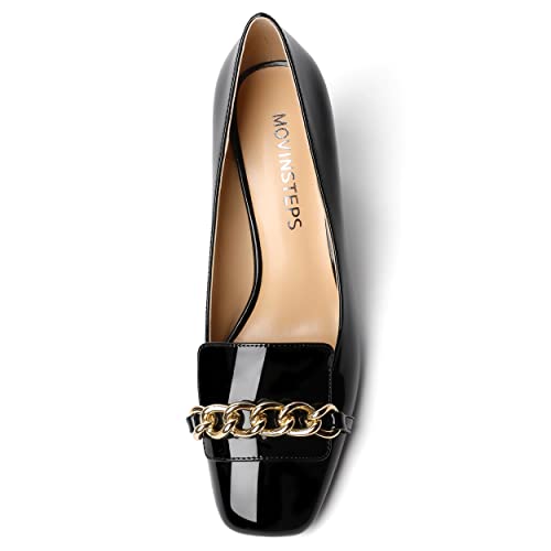 MOVINSTEPS Womens Dress Solid Slip On Square Toe Office Metal Chain Patent Block High Heel Pumps Shoes 3 Inch3