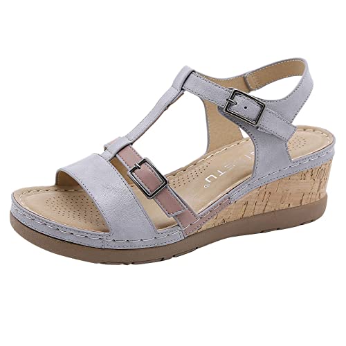 VKVWIV Women s T-Strap Wedge Sandal Open Toe Buckle Ankle Strap Cork Platform Wedge Sandals Open Toe Buckle Platform Wedge Sandals Espadrilles Sandals