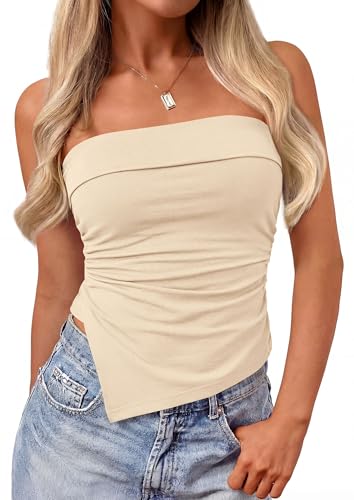 PRETTYGARDEN Going Out Tube Tops for Women Trendy Summer, Beige,L
