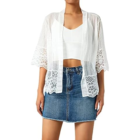 Women Lace Crochet Shrug Sheer Cardigans Half Sleeve Solid Open FrontBeach Cover Up (White , L ) Cover