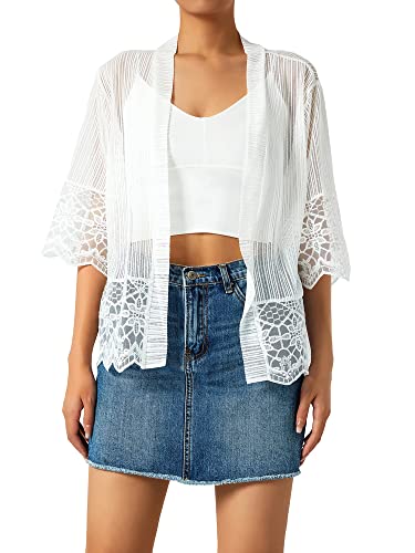 Las mujeres de encaje Crochet Shrug Sheer Cardigans media manga sólida abierta FrontBeach cubrir hasta, blanco, XL Cover