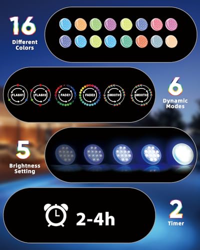 Ueyake Pool Lights, Rechargeable Submersible LED Lights with Remote, IP68 Waterproof 16 Color Changing Floating Lights, Built-in Magnet Underwater Lights for Fountain, Pond, Aquarium(4 Pack)