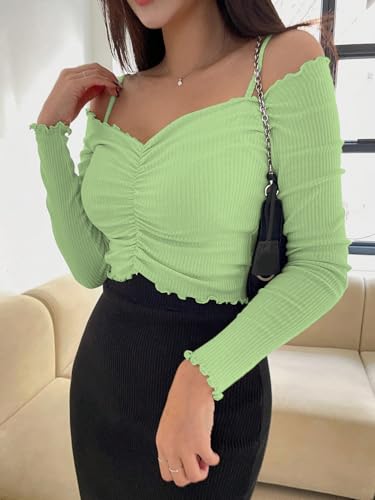 Image of Sugathari Women's Purple Solid Colour Open Cold Off Shoulder Long Sleeve Lettuce Hem Casual Autumn Trim Tight- Slim Fitting Ruched Front Ladies' Camisole Top, Tee, T-Shirt (T-Shirt 184)