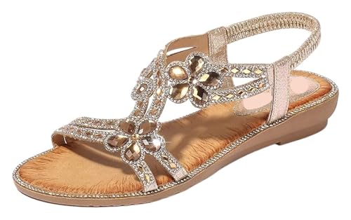 Womens Sandals Women Strap Beaded Flower Rhinestone Flat Sandals Dress Beach Shoes