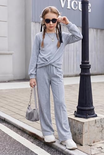 Image of Arshiner Girls 2 Piece Outfits Twist Front Sweatshirt Wide Leg Sweatpants | Girls Sweatsuit, Fall Clothes, Long Sleeve Casual Pullover, Long Pant Sets, Comfy Cute Clothing, Tracksuit with Pockets