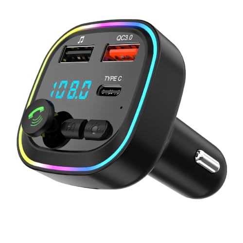 1Pcs Transmetteur FM Bluetooth, Transmetteur Adaptateur Bluetooth pour Voiture, Kit MP3 sans Fil à Charge Rapide QC3.0, 2 Ports USB et 1 Port Type-C, Support Carte TF/USB, Appels Mains Libres