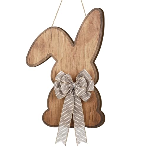 Happy Easter Front Door Hanging with Bow Rustic Easter Bunny Door Decor Sign Easter Rabbit Shaped Wooden Plaque Hanging Wall Art for Spring Farmhouse Home Indoor Outdoor16x11 Inch