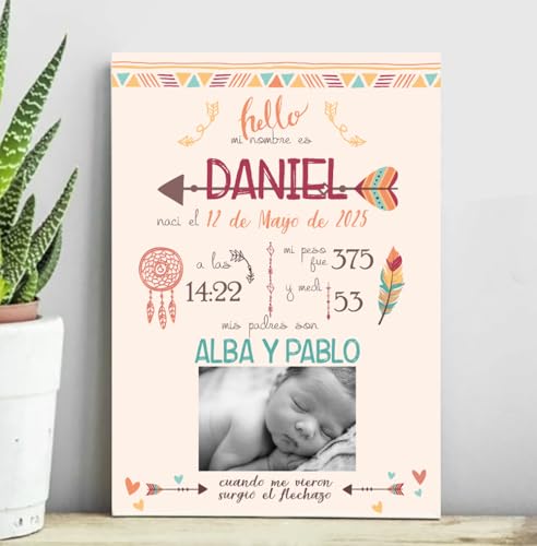Genérico Cuadro Natalicio Bebé, Personalizado, Poster de Nacimiento, Diseño con Foto y Datos, Recuerdo Familiar, Lámina Regalo bebé. Diseño flechazo